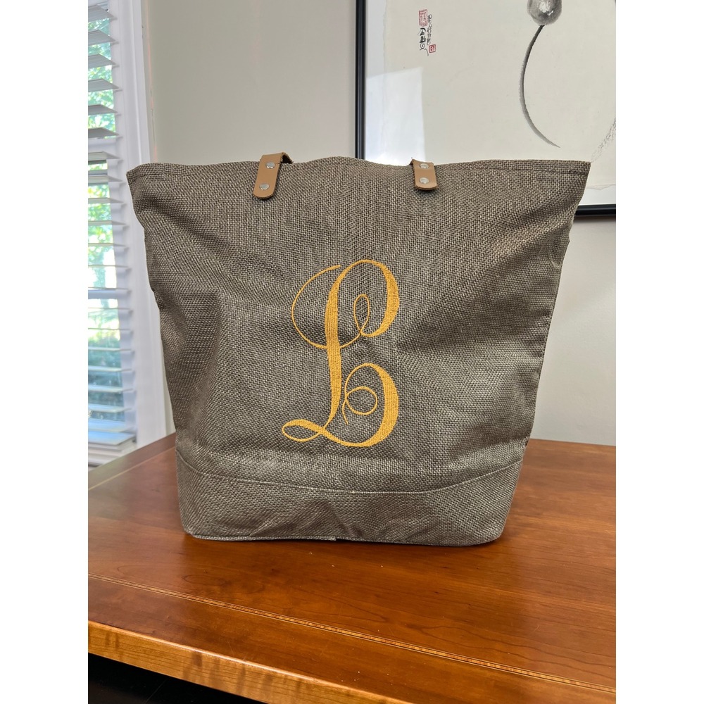 Monogrammed L Burlap Tote Bag Brown Large Zippered Market Beach Bag